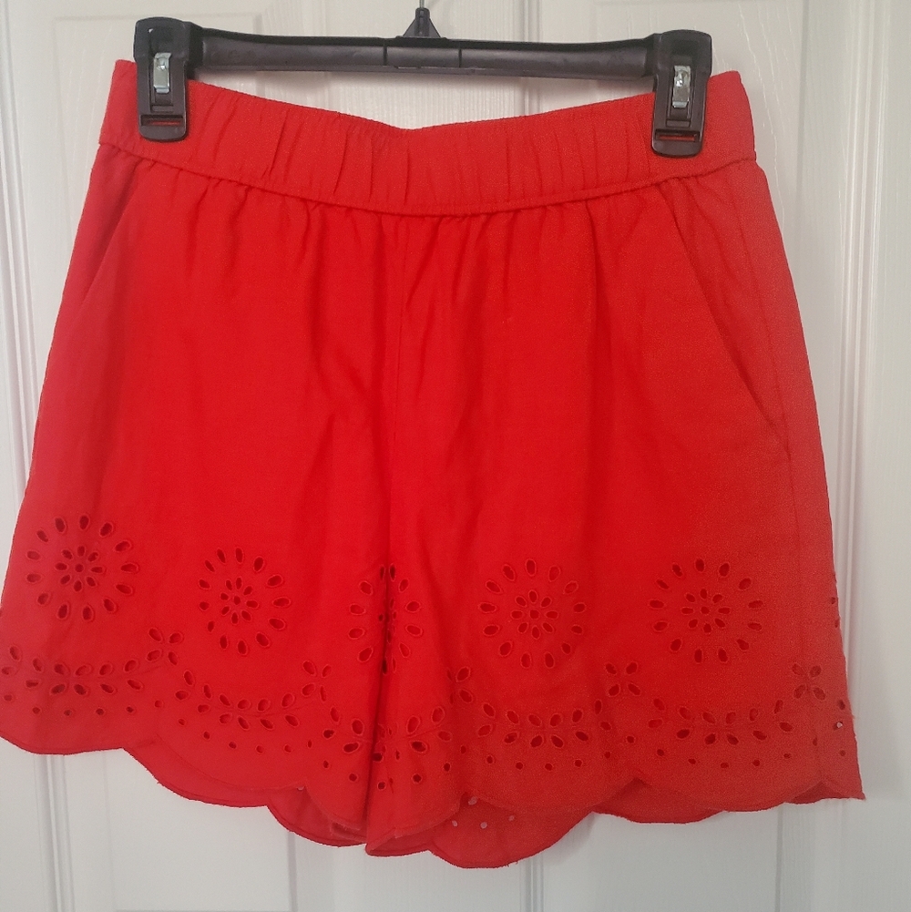 LOFT Red Orange Eyelet Scalloped Hem Shorts NWT